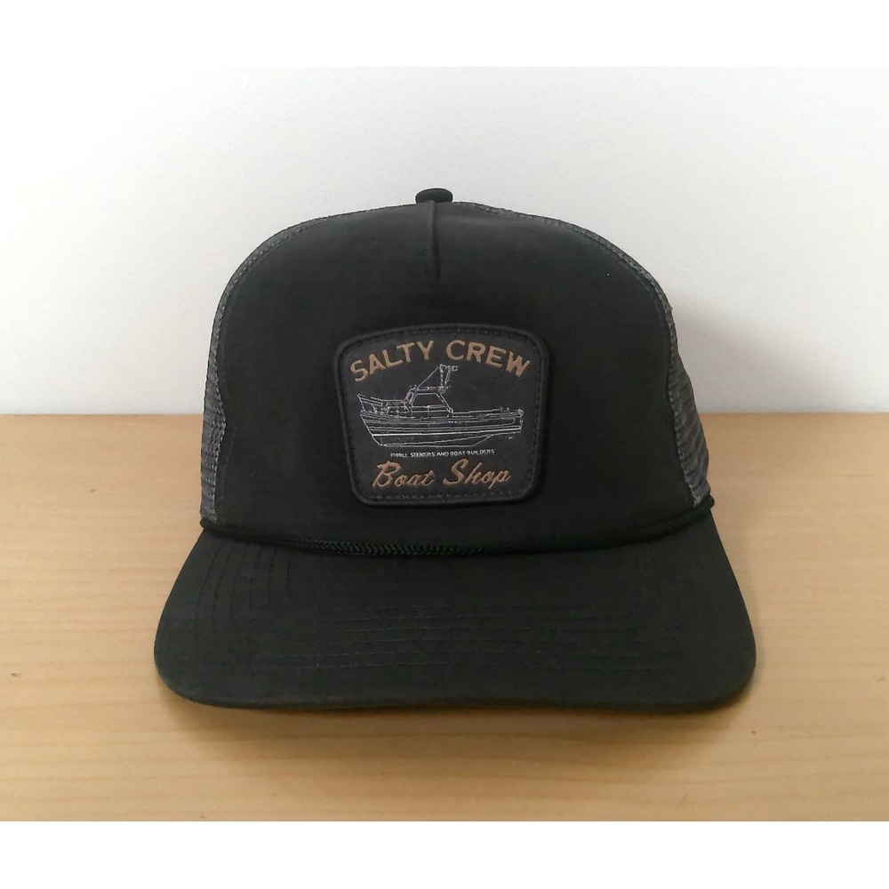 Salty Crew Boat Shop Trucker Hat Black Gray Mesh Rope Snapback Fishing Cap